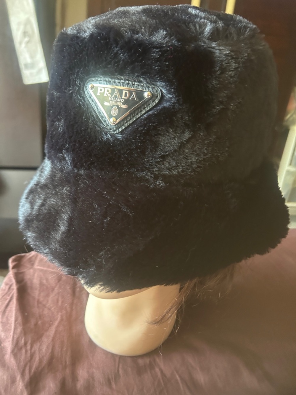 Prada Black Faux Fur Logo Bucket Hat